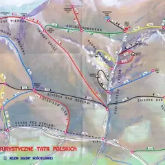 Mapa szlaków turystycznych Tatr Polskich, z zaznaczonym szlakiem na Ornak z Doliny Kościeliskiej.