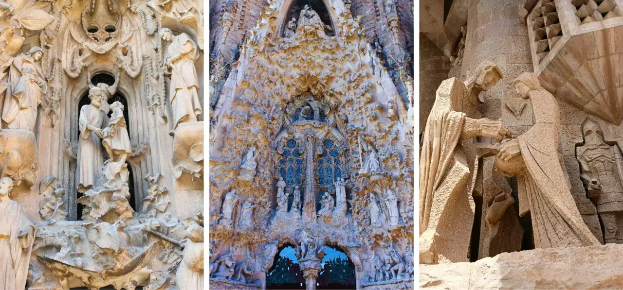 Trzy detale architektoniczne Sagrada Familia: rzeźby postaci, bogato zdobione fasady i okna.